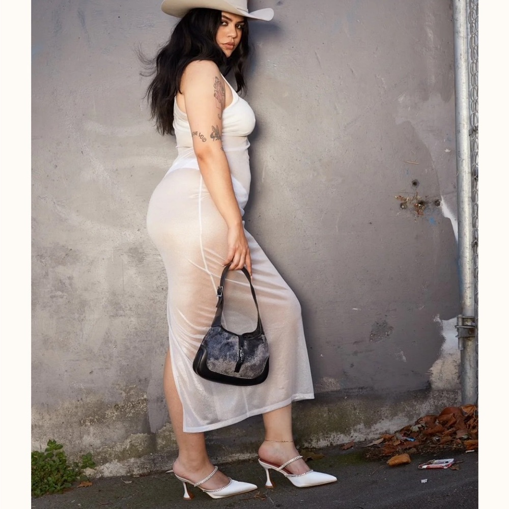edikted white silver semi sheer metallic midi strapless dress xl